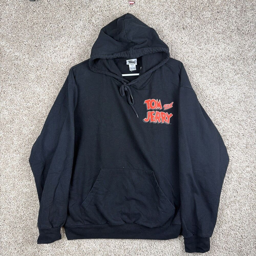 Tom and Jerry Mens Sweatshirt L Black Graphic Hoodie Cartoon Pullover